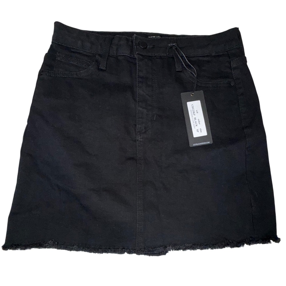 NWT Just Black Denim A-Line Mini Skirt Women's S Black Raw Hem USA